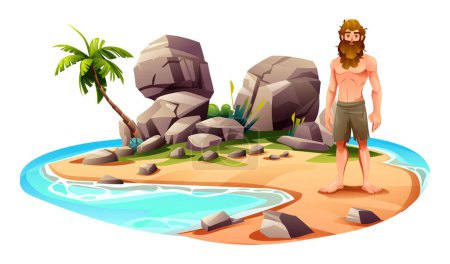 Ilustración de Hombre naufragio en isla desierta con palmeras y rocas. Ilustración de dibujos animados vectoriales aislados sobre fondo blanco - Imagen libre de derechos