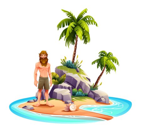 Hombre náufrago en la isla desierta con palmeras y rocas. Ilustración de dibujos animados vectoriales aislados sobre fondo blanco