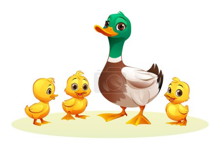 Illustration for Duck with her cute ducklings. Vector cartoon illustration - Royalty Free Image