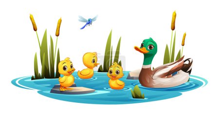 Illustration for Duck and ducklings swimming in the pond with dragonfly. Vector cartoon illustration isolated on white background - Royalty Free Image