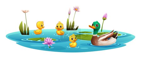 Ilustración de Pato y patitos nadando en el estanque. Dibujos animados vectoriales ilustración - Imagen libre de derechos