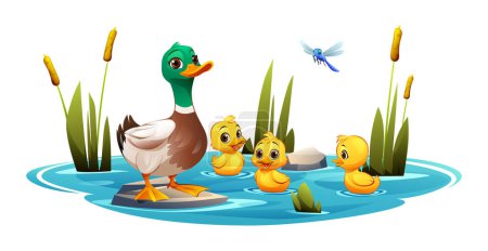 Téléchargez les illustrations : Mère canard et canetons mignons nageant dans l'étang. Illustration vectorielle de dessin animé - en licence libre de droit
