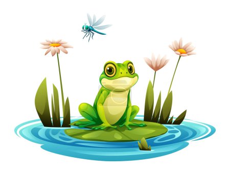 Ilustración de Rana sentada sobre una hoja en el estanque con libélula. Ilustración de dibujos animados vectoriales aislados sobre fondo blanco - Imagen libre de derechos