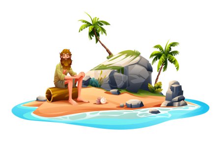Hombre náufrago en la isla desierta con palmeras y rocas. Dibujos animados vectoriales ilustración