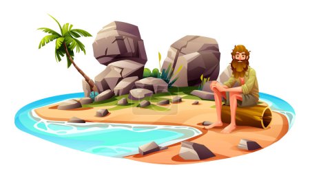 Castaway man on desert island. Vector cartoon illustration