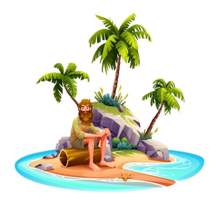 Hombre naufragio en isla desierta con palmeras y rocas. Dibujos animados vectoriales ilustración