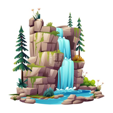 Illustration for Waterfall on mountain rocks illustration. Vector cartoon isolated on white background - Royalty Free Image