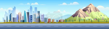 Illustration for Urban cityscape and suburban with mountain landscape concept. Vector cartoon illustration - Royalty Free Image