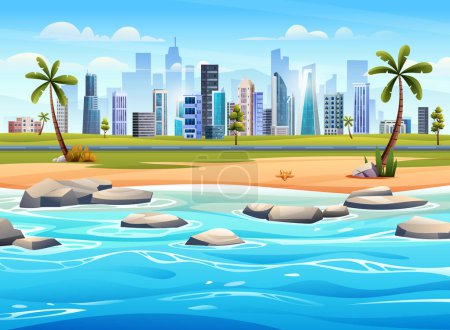 Illustration for Ocean beach panorama with rocks on the seashore and cityscape view. Tropical beach with city landscape background cartoon illustration - Royalty Free Image