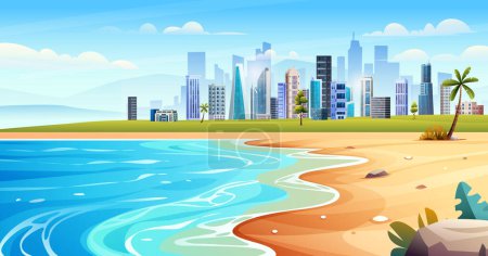 Ilustración de Panorama de la playa del océano con palmeras, pequeña isla y vista al paisaje urbano. Tropical playa paisaje vector de dibujos animados ilustración - Imagen libre de derechos