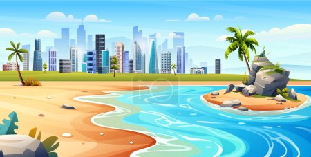 Illustration for Ocean beach panorama with palm trees, small island and cityscape view. Tropical beach with city landscape cartoon illustration - Royalty Free Image