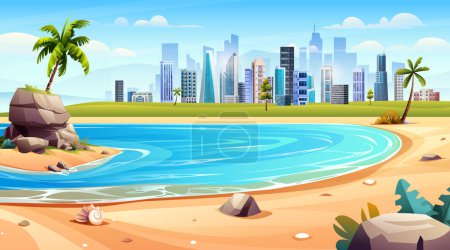 Ilustración de Panorama de la bahía del océano con pequeña isla y vista al paisaje urbano. Playa tropical vacaciones dibujos animados paisaje ilustración - Imagen libre de derechos