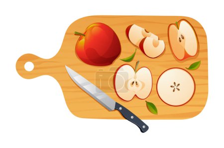 Illustration for Fresh whole, half and cut slices apple fruits with knife on cutting board. Vector illustration isolated on white background - Royalty Free Image