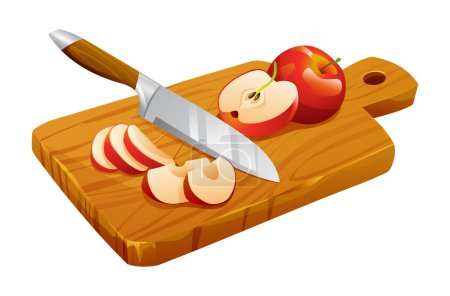 Téléchargez les illustrations : Tranches de pommes fraîches entières, demi-coupées et coupées au couteau sur une planche à découper en bois. Illustration vectorielle - en licence libre de droit