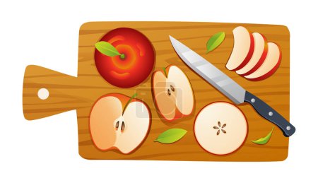 Illustration for Fresh whole, half and cut slices apple fruits with knife on wooden cutting board. Vector illustration isolated on white background - Royalty Free Image