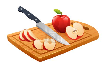 Téléchargez les illustrations : Tranches de pommes fraîches entières, coupées en deux avec couteau sur la planche à découper. Illustration vectorielle - en licence libre de droit