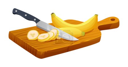 Téléchargez les illustrations : Banane et couper en tranches avec un couteau sur une planche à découper en bois. Illustration vectorielle isolée sur fond blanc - en licence libre de droit