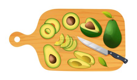 Illustration for Fresh whole, half and cut slices avocado with knife on cutting board. Vector illustration isolated on white background - Royalty Free Image