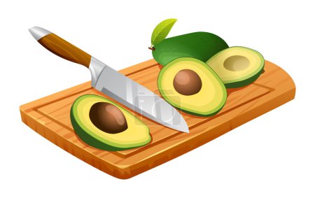 Illustration for Avocado cut in half with knife on cutting board. Vector illustration isolated on white background - Royalty Free Image