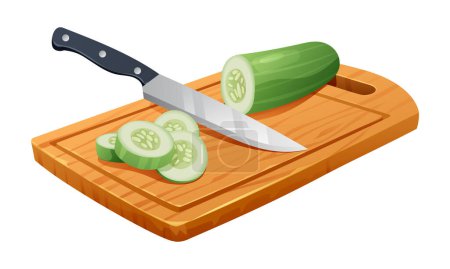 Illustration for Sliced cucumber with knife on wooden cutting board. Vector illustration isolated on white background - Royalty Free Image