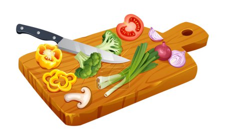 Téléchargez les illustrations : Ingrédients alimentaires avec couteau sur planche à découper en bois. Illustration vectorielle isolée sur fond blanc - en licence libre de droit