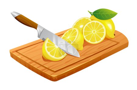 Ilustración de Fresco entero, medio y cortar rodajas de limón con cuchillo en tabla de cortar de madera. Ilustración vectorial - Imagen libre de derechos