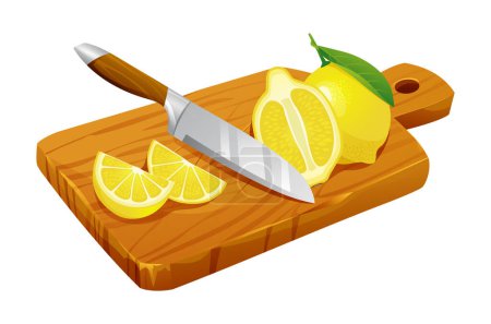 Ilustración de Fresco entero, medio y cortar rodajas de limón con cuchillo en tabla de cortar de madera. Dibujos animados vectoriales ilustración - Imagen libre de derechos