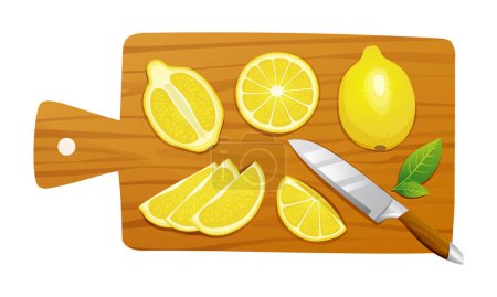 Téléchargez les illustrations : Tranches fraîches entières, coupées en deux citron avec couteau sur la planche à découper. Illustration vectorielle isolée sur fond blanc - en licence libre de droit