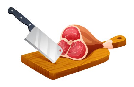 Téléchargez les illustrations : Viande crue fraîche avec couteau sur planche à découper. Illustration vectorielle isolée sur fond blanc - en licence libre de droit