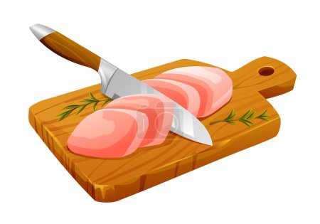 Téléchargez les illustrations : Viande fraîche tranchée crue avec couteau sur la planche à découper. Illustration vectorielle isolée sur fond blanc - en licence libre de droit