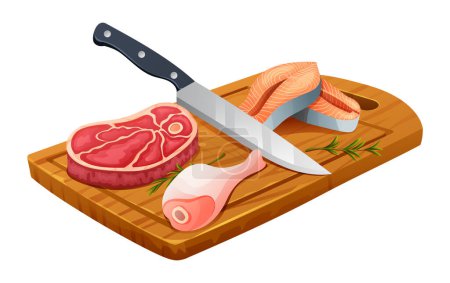 Illustration for Fresh raw beef steak, chicken leg, and salmon steaks with knife on cutting board. Vector illustration isolated on white background - Royalty Free Image