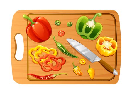 Illustration for Sliced peppers and chilies with knife on wooden cutting board. Vector illustration isolated on white background - Royalty Free Image