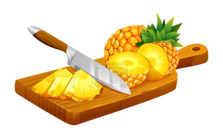 Illustration for Sliced pineapples with knife on wooden cutting board. Vector illustration isolated on white background - Royalty Free Image