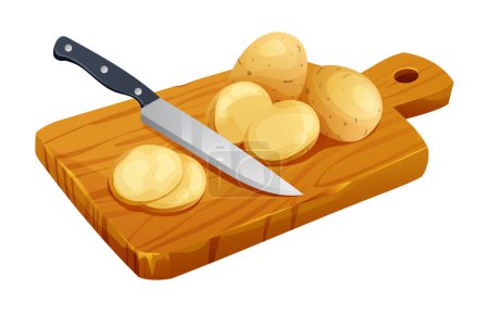 Illustration for Sliced potatoes with knife on wooden cutting board. Vector illustration isolated on white background - Royalty Free Image