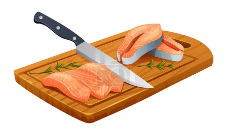 Ilustración de Filetes de salmón fresco y filetes de pescado crudo con cuchillo en la tabla de cortar. Ilustración vectorial aislada sobre fondo blanco - Imagen libre de derechos