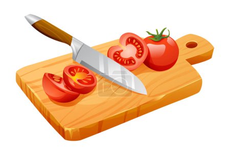 Téléchargez les illustrations : Tomates tranchées avec couteau sur planche à découper en bois. Illustration vectorielle isolée sur fond blanc - en licence libre de droit