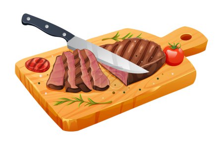Ilustración de Filete de res a la parrilla medio cortado en rodajas con sal, tomates y cuchillo en la tabla de cortar. Ilustración vectorial aislada sobre fondo blanco - Imagen libre de derechos