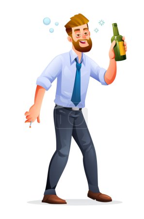 Téléchargez les illustrations : Homme d'affaires ivre tenant une bouteille d'alcool. Illustration vectorielle de dessin animé isolé sur fond blanc - en licence libre de droit