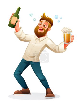 Drunk man holding glass and bottle of alcoholic drink. Vector cartoon illustration
