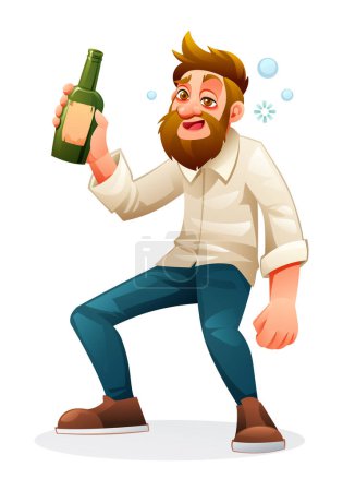 Drunk man holding alcohol bottle. Vector cartoon illustration isolated on white background