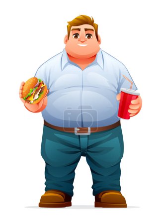 Téléchargez les illustrations : Un gros tenant un hamburger et buvant. personnage de dessin animé vectoriel isolé sur fond blanc - en licence libre de droit