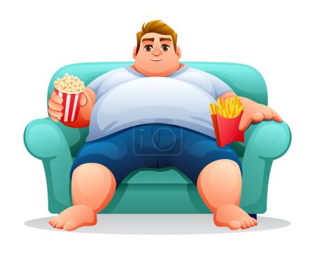 Illustration for Fat man sitting on the sofa with popcorn and french fries. Vector illustration isolated on white background - Royalty Free Image