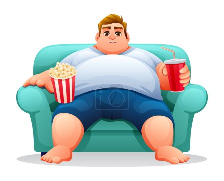 Illustration for Fat man sitting on the couch with popcorn and drink. Vector illustration isolated on white background - Royalty Free Image