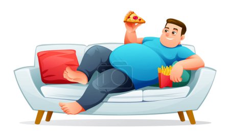 Téléchargez les illustrations : Gros homme allongé sur le canapé avec de la malbouffe. Illustration vectorielle isolée sur fond blanc - en licence libre de droit