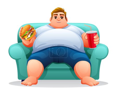 Illustration for Fat man sitting on the sofa while holding burger and drink. Vector illustration isolated on white background - Royalty Free Image