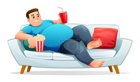 Illustration for Fat man lying on the sofa while holding drink and popcorn. Vector illustration isolated on white background - Royalty Free Image