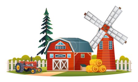Illustration for Barn farm house with windmill and tractor. Farm building concept. Vector illustration - Royalty Free Image