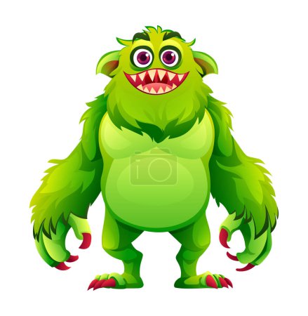 Ilustración de Feliz personaje de monstruo peludo verde. Dibujos animados vectoriales ilustración - Imagen libre de derechos