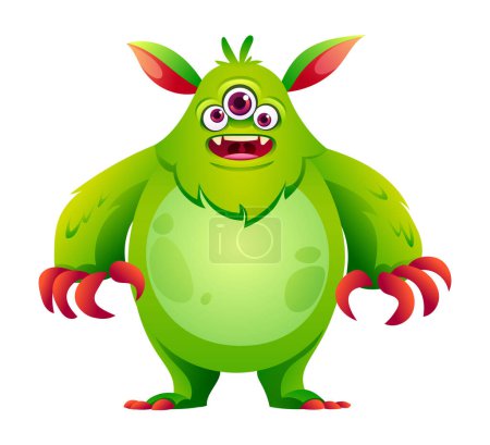 Téléchargez les illustrations : Joyeux personnage de dessin animé monstre vert. Illustration vectorielle isolée sur fond blanc - en licence libre de droit