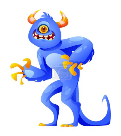 Ilustración de Monstruo con cuernos con personaje de dibujos animados de cola. Ilustración vectorial aislada sobre fondo blanco - Imagen libre de derechos